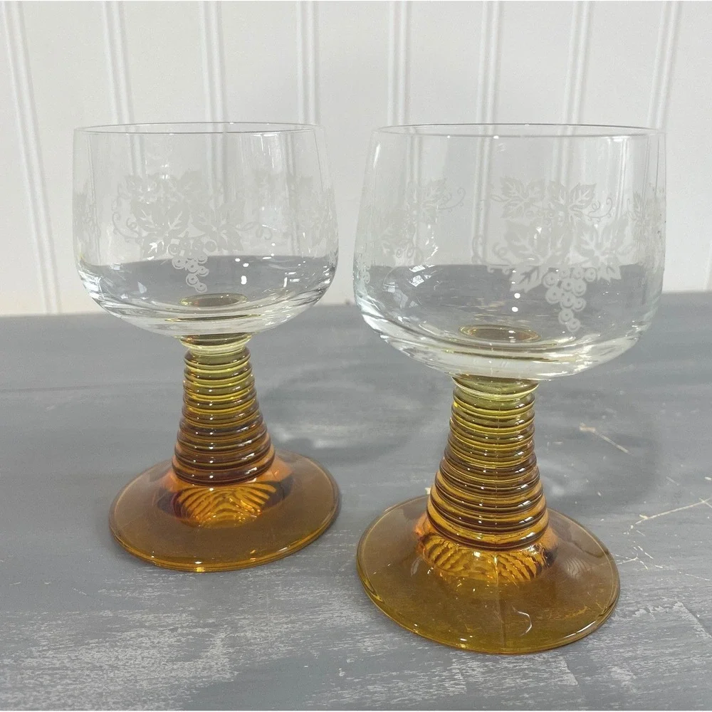 Vintage Roemer Wine Glasses Set 2 Amber Beehive Stem Etched Grape Design 4.25